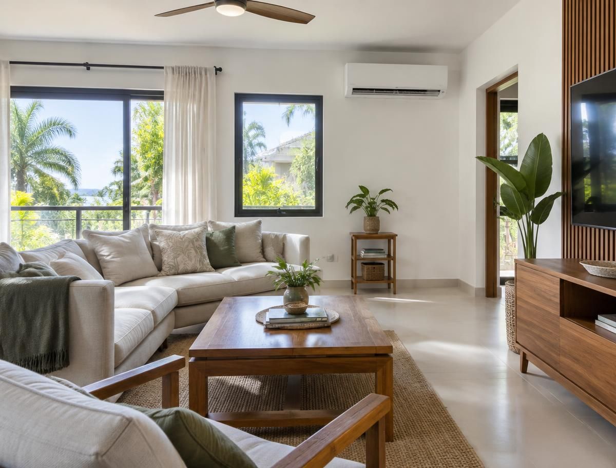 Bright tropical living room kept cool by a split-type aircon